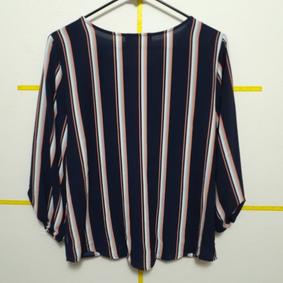 Pink Republic Ribbed Textured Tie Front Long Sleeve Top Size S Blue peach Stripe - Picture 5 of 6